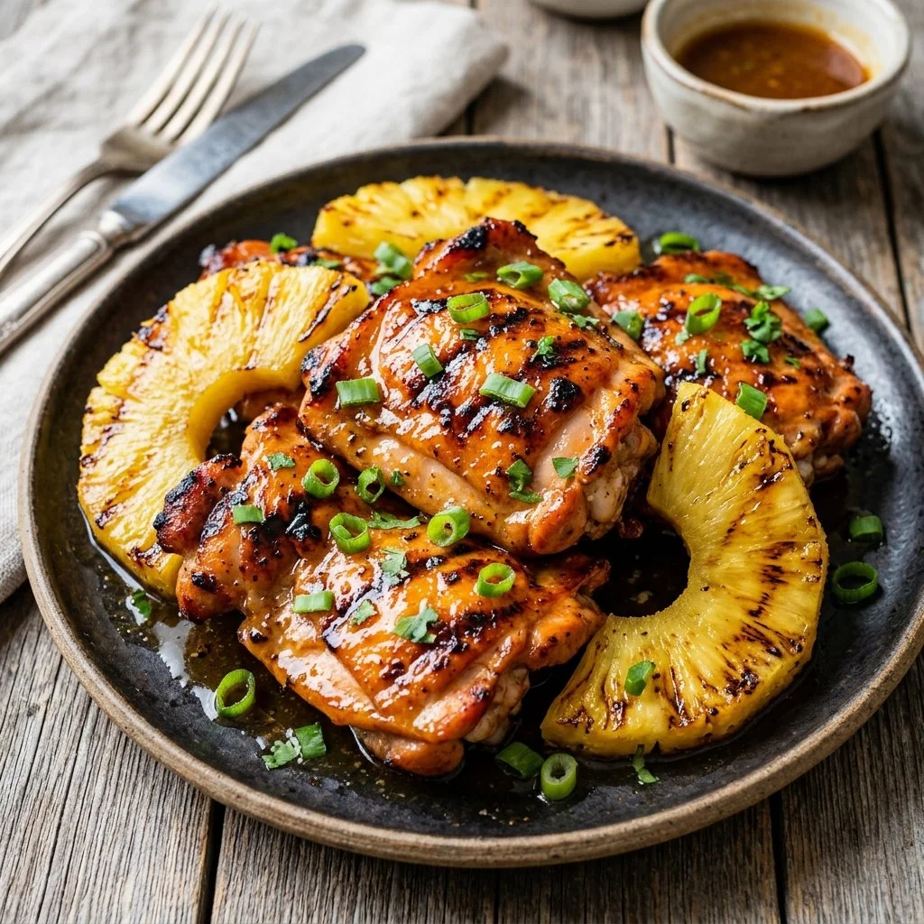 Juicy grilled pineapple chicken served on a plate with fresh herbs