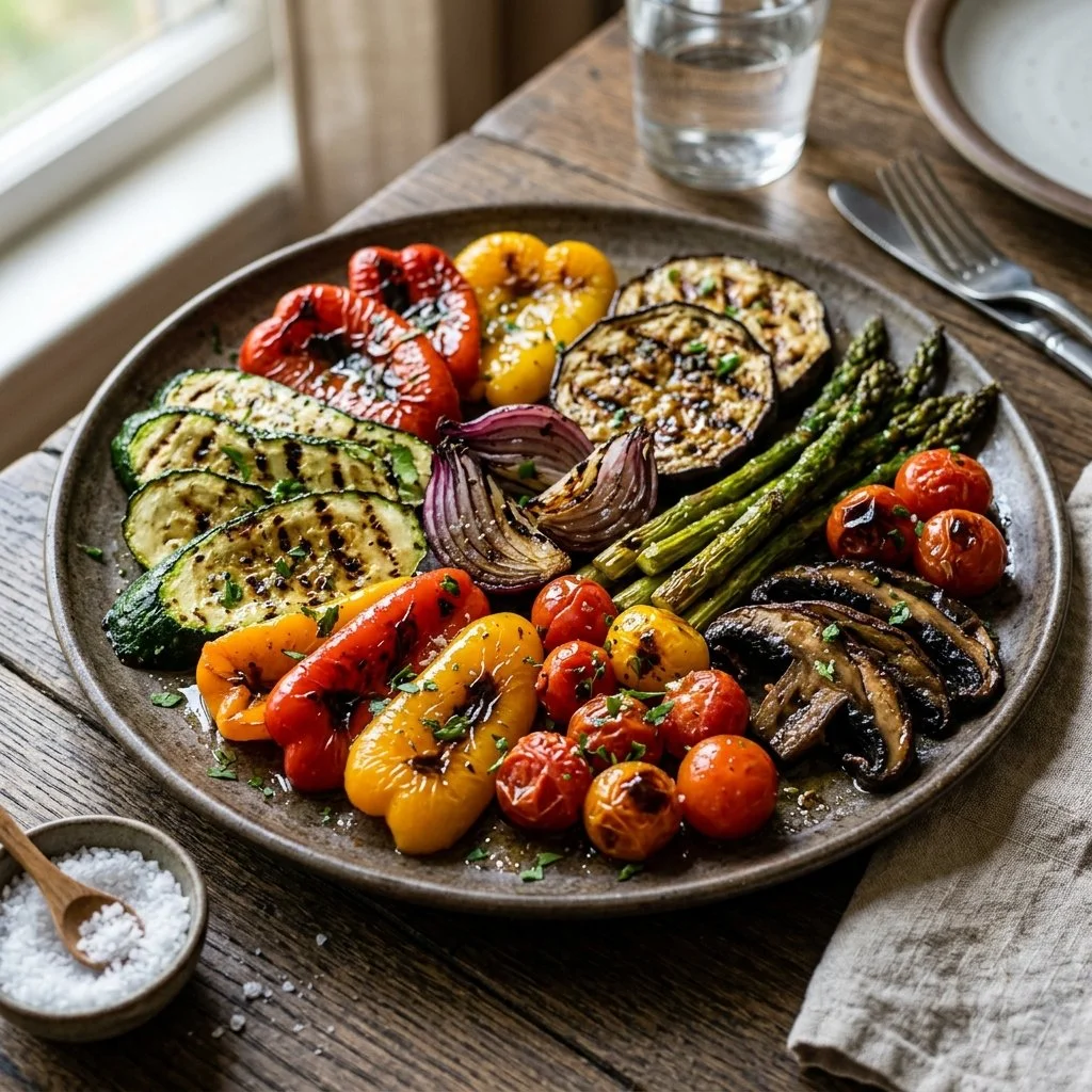 Vibrant grilled veggie platter displaying assorted vegetables cooked to perfection