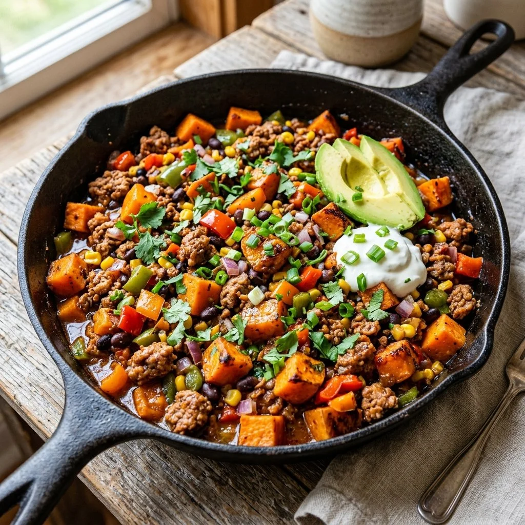 Ground Turkey Sweet Potato Skillet dish with vibrant vegetables