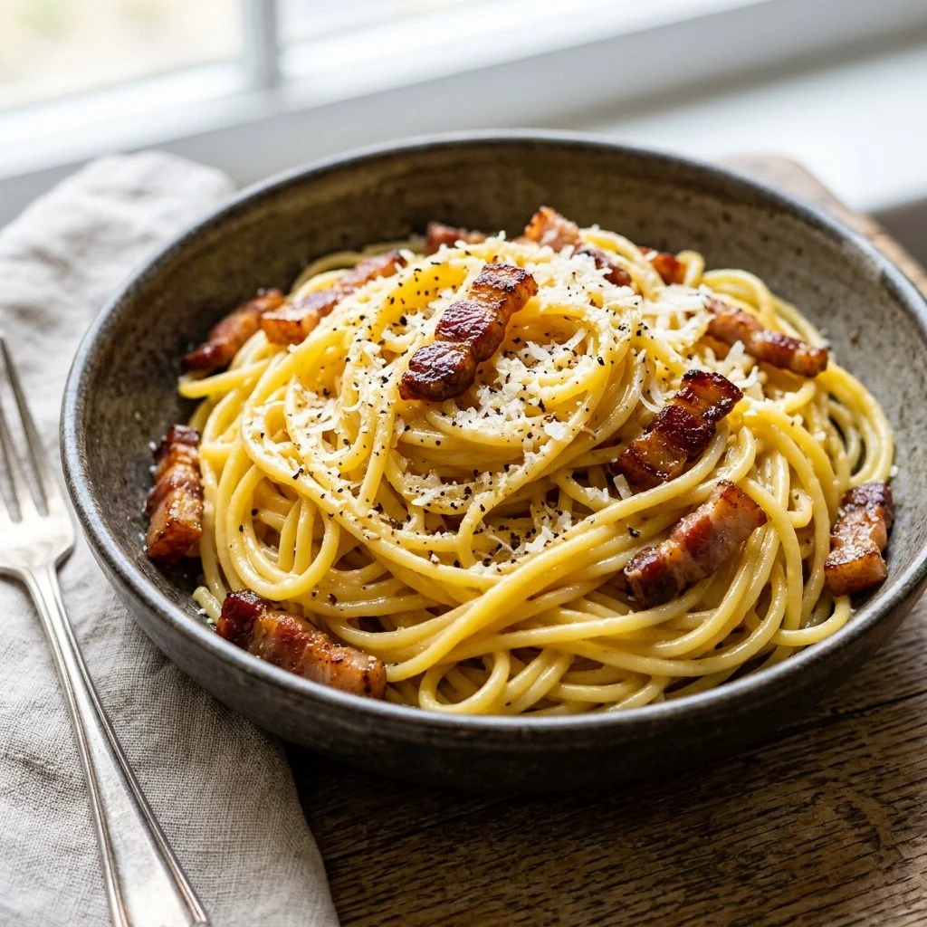 Healthy pasta carbonara dish with fresh ingredients