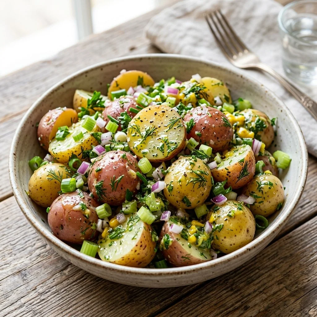 Healthy potato salad made with fresh vegetables and low-calorie dressing