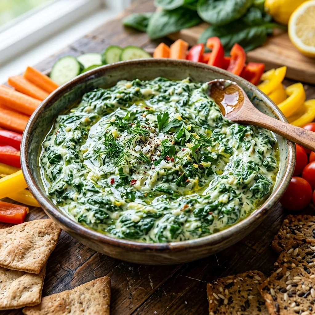 Healthy spinach dip served with fresh vegetables and whole-grain crackers.