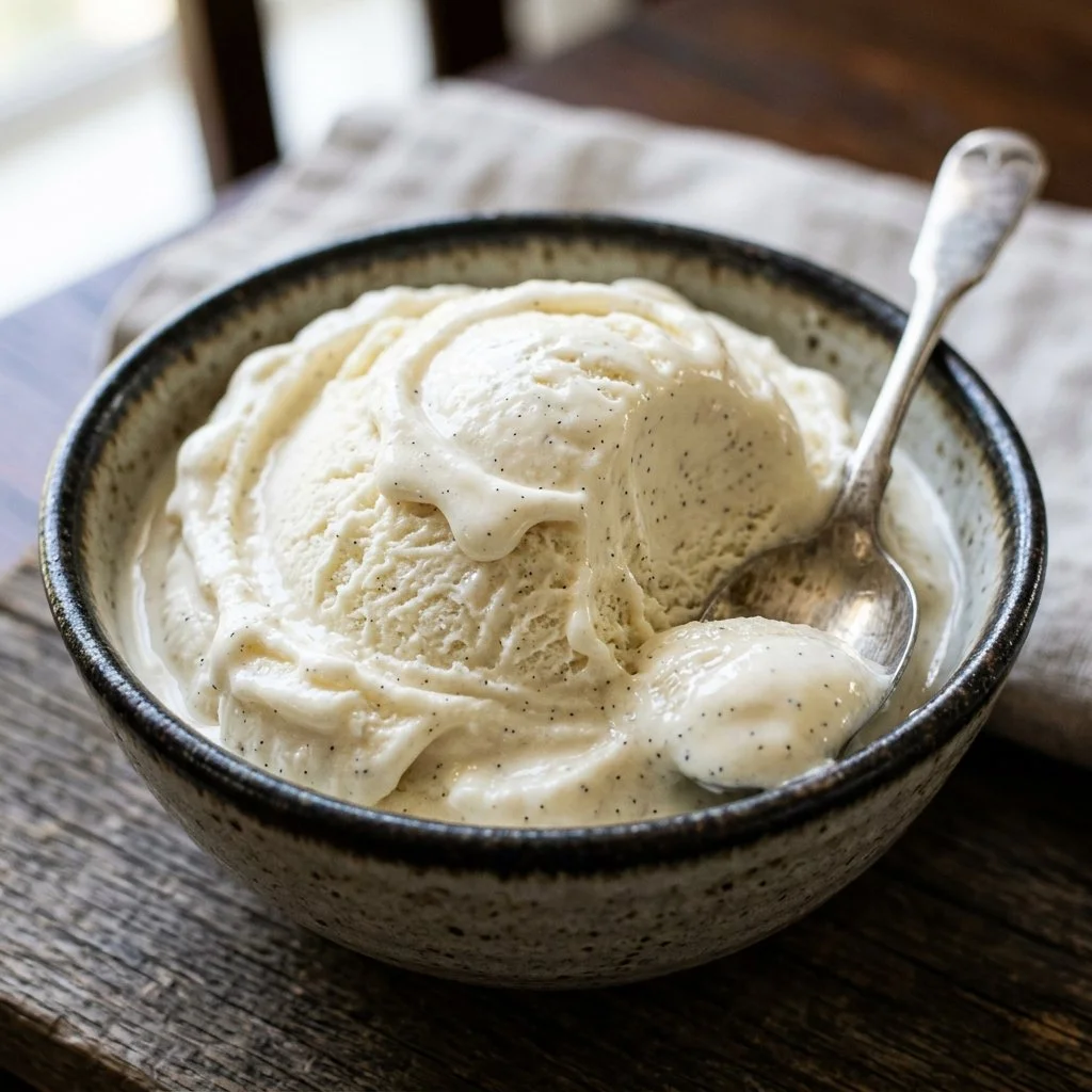 Bowl of creamy homemade ice cream with fresh toppings