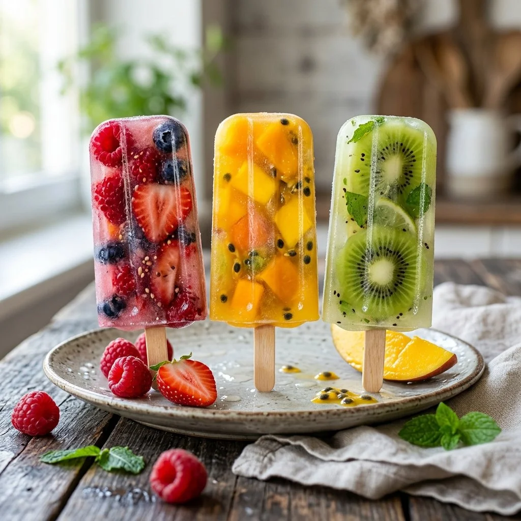 Colorful assortment of homemade popsicles made with fresh ingredients