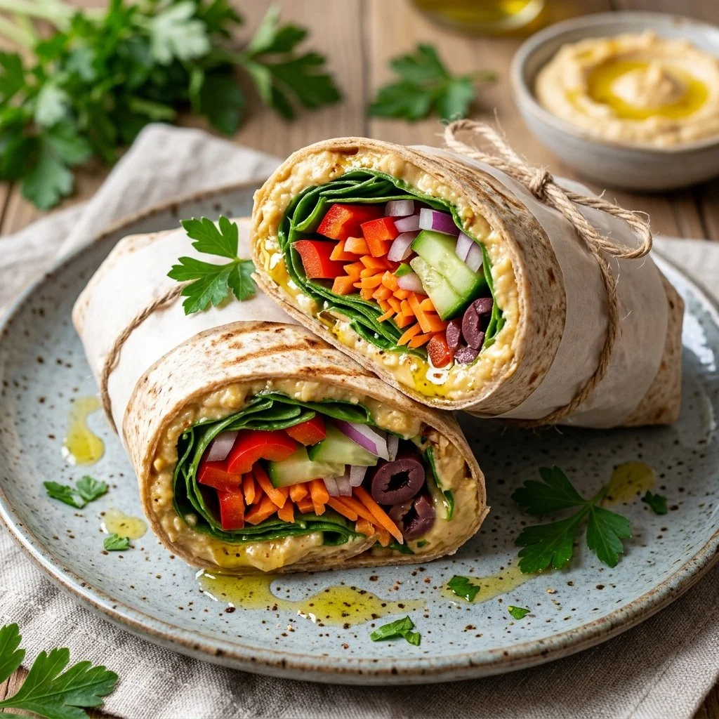 Fresh and colorful hummus veggie wraps filled with assorted vegetables