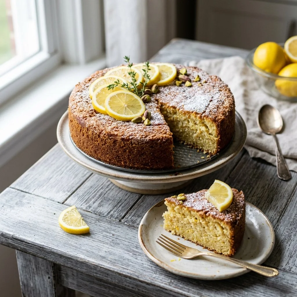 Italian Lemon Ricotta Cake topped with icing and lemon zest on a white plate.