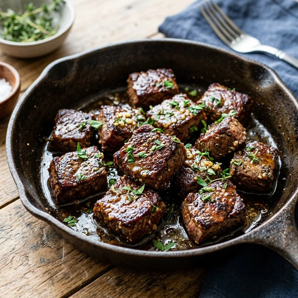 Plate of delicious Keto Steak Bites served with herbs and spices