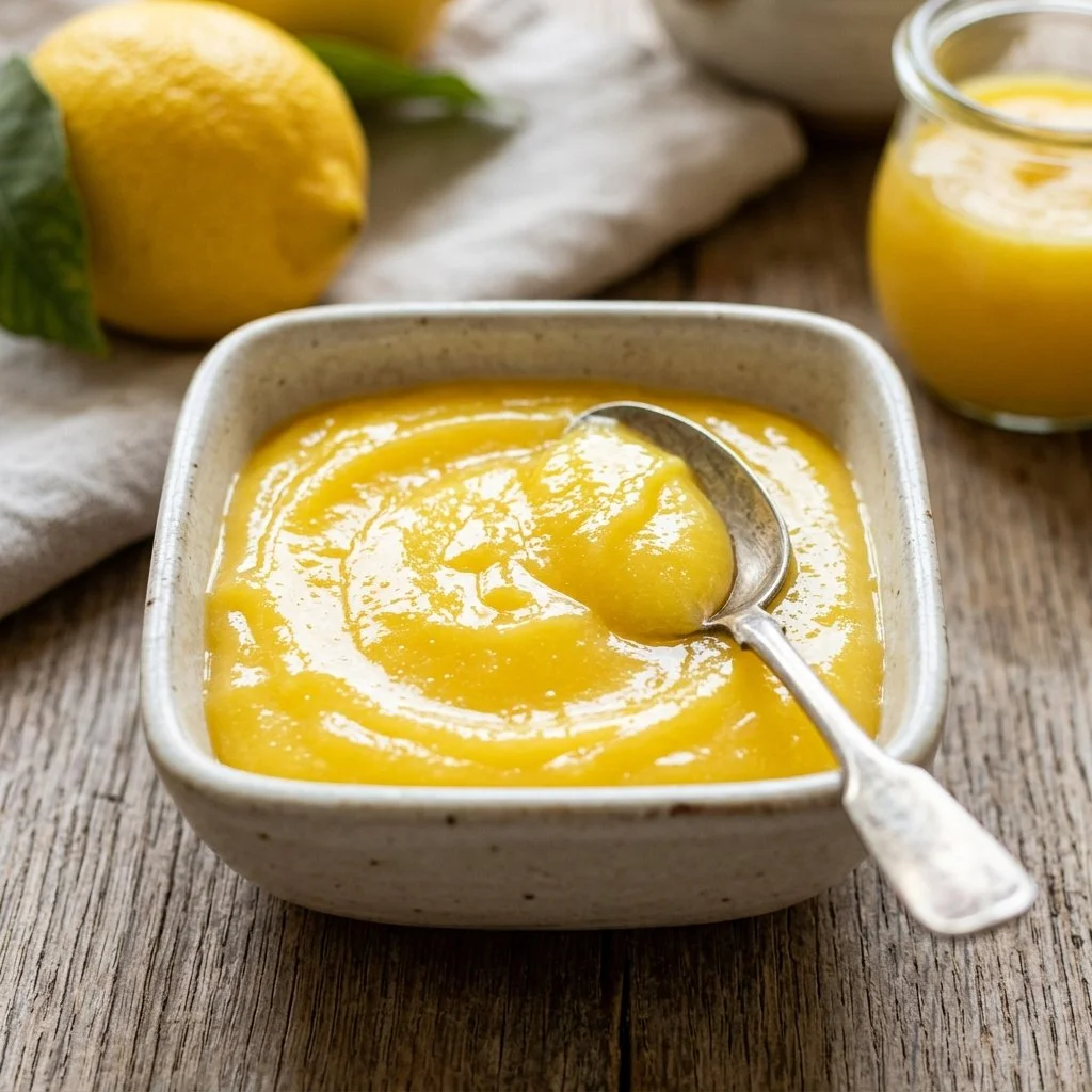Bowl of homemade lemon curd with a lemon and a spoon beside it
