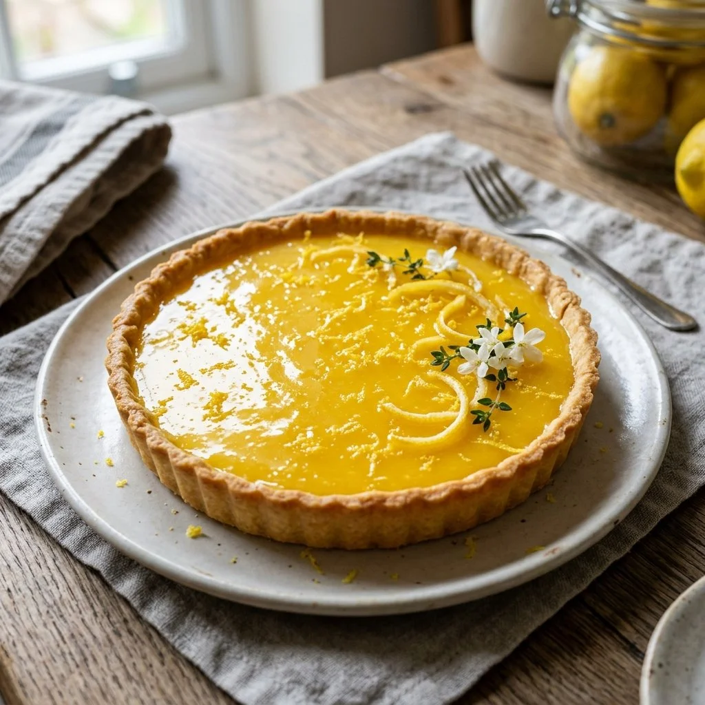 Delicious lemon curd tart topped with fresh fruit and mint
