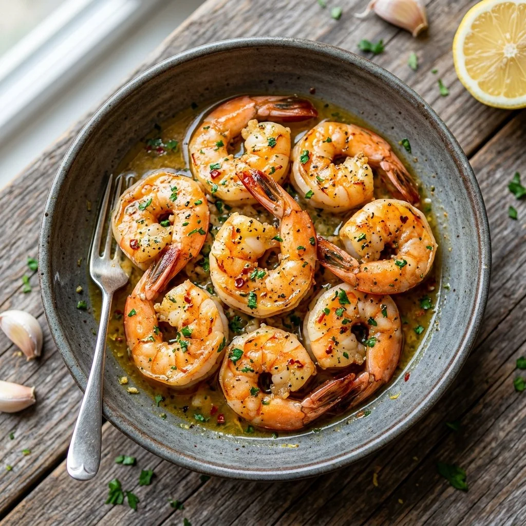 Lemon garlic butter shrimp served on a plate with fresh herbs