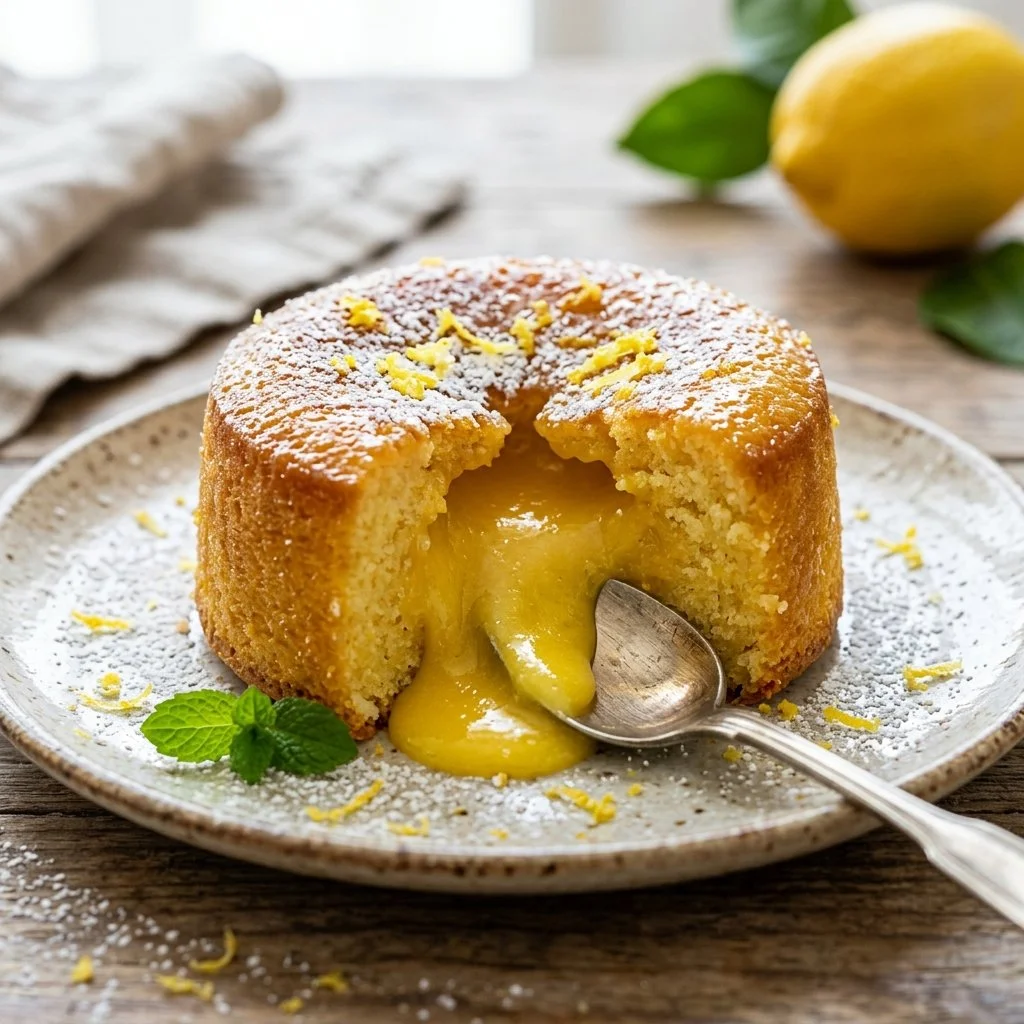 Delicious Lemon Lava Cake with a gooey lemon center and vibrant yellow exterior.
