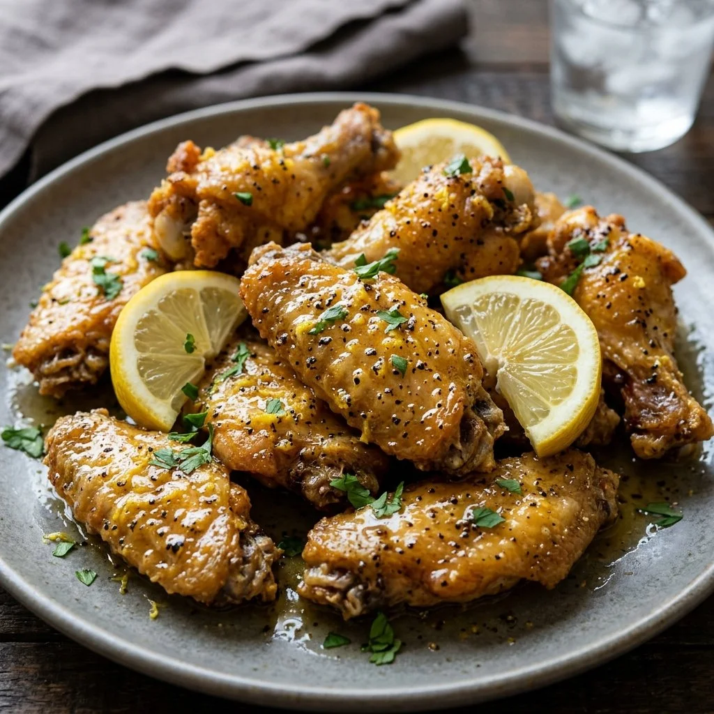 Plate of crispy lemon pepper wings garnished with herbs.