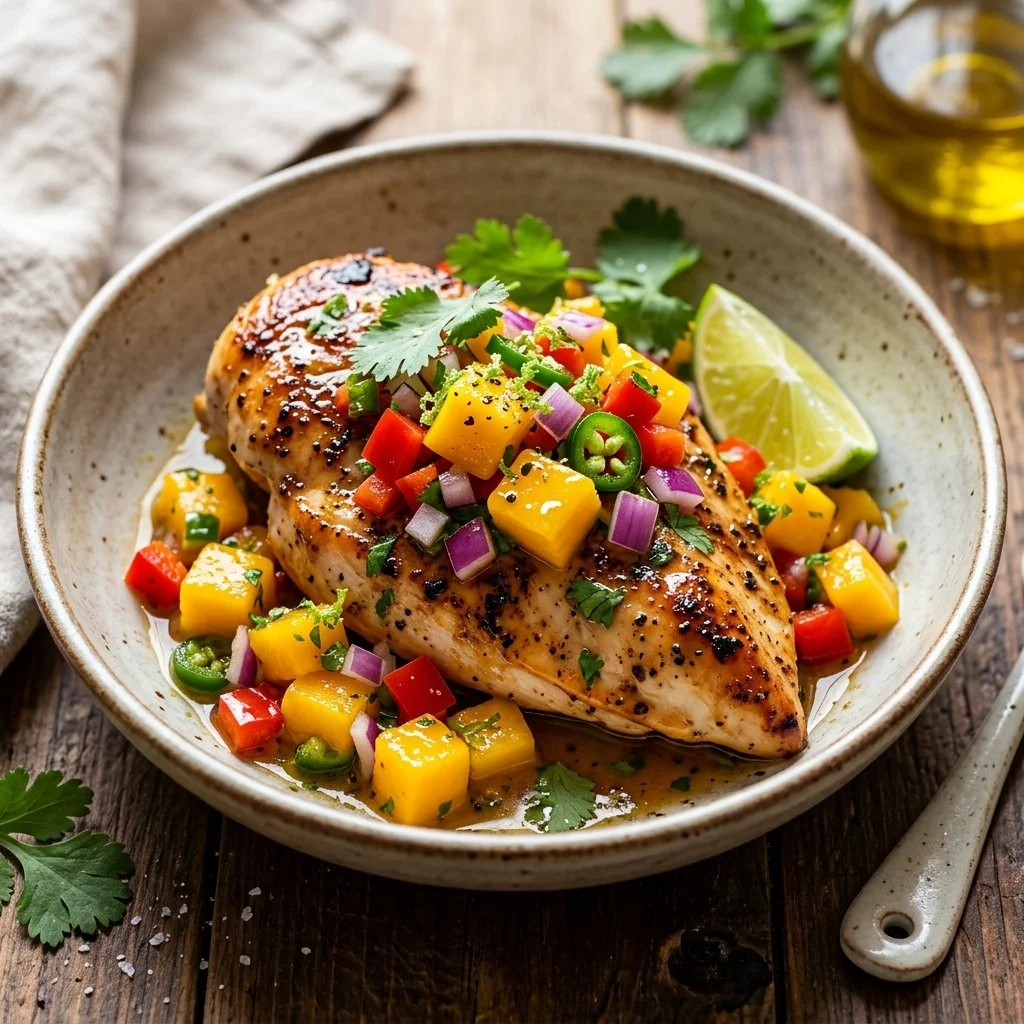 Delicious Mango Salsa Chicken with vibrant mango salsa topping