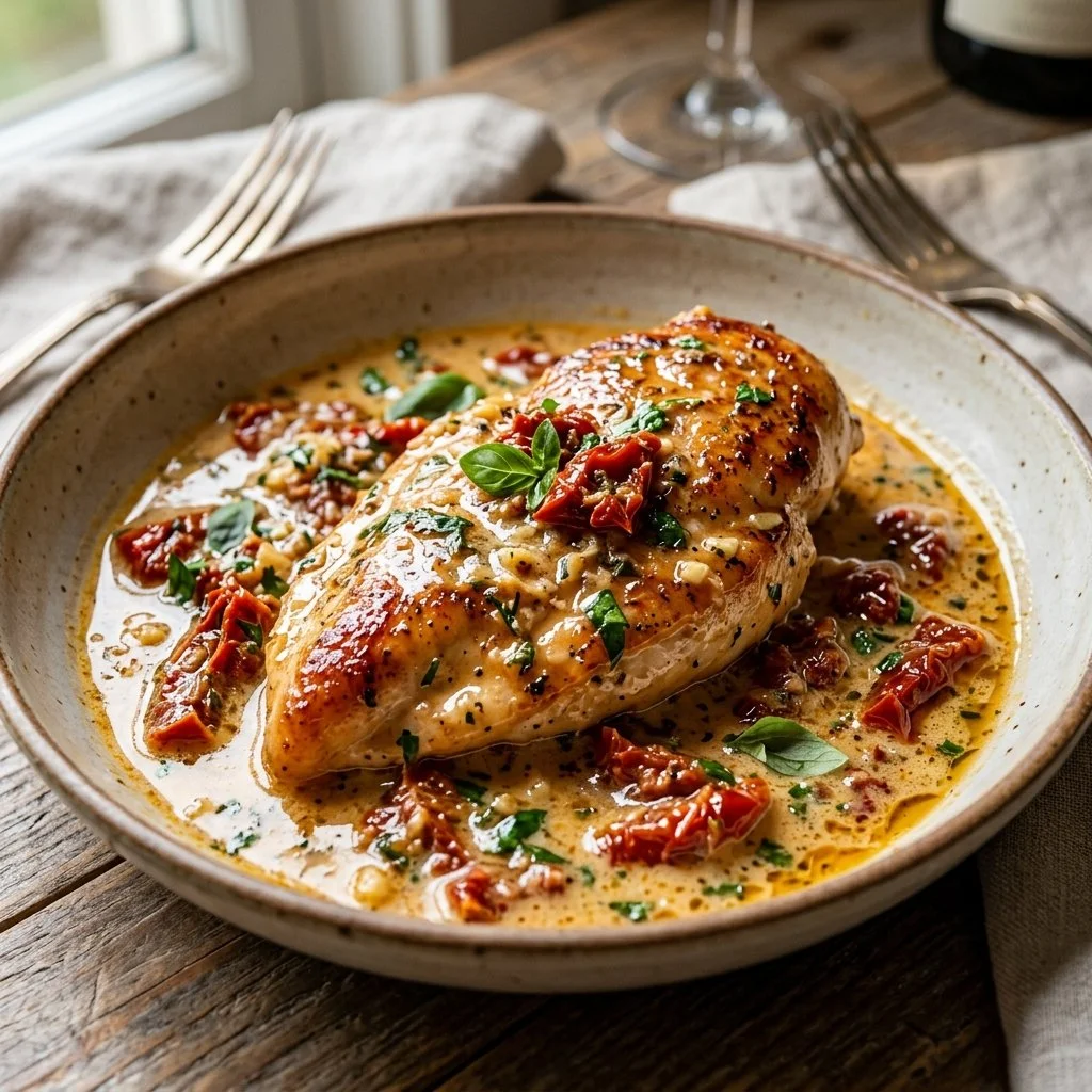 Creamy Marry Me Chicken dish served with herbs and pasta