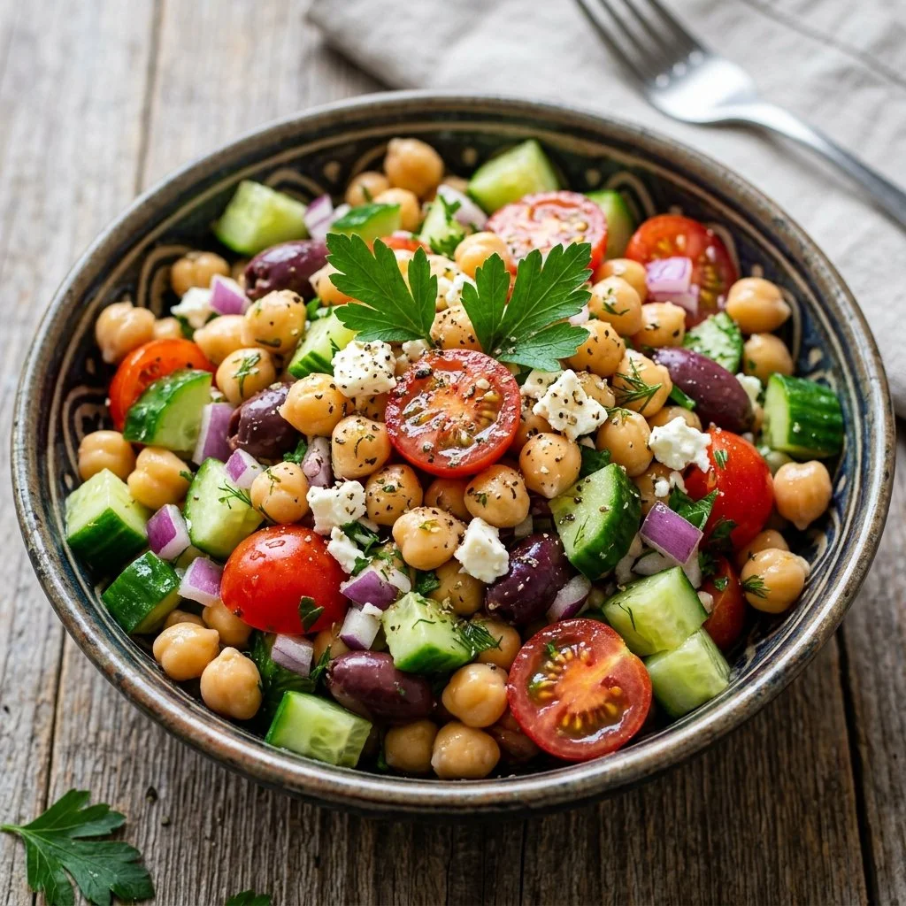 Mediterranean Chickpea Salad with fresh vegetables and herbs