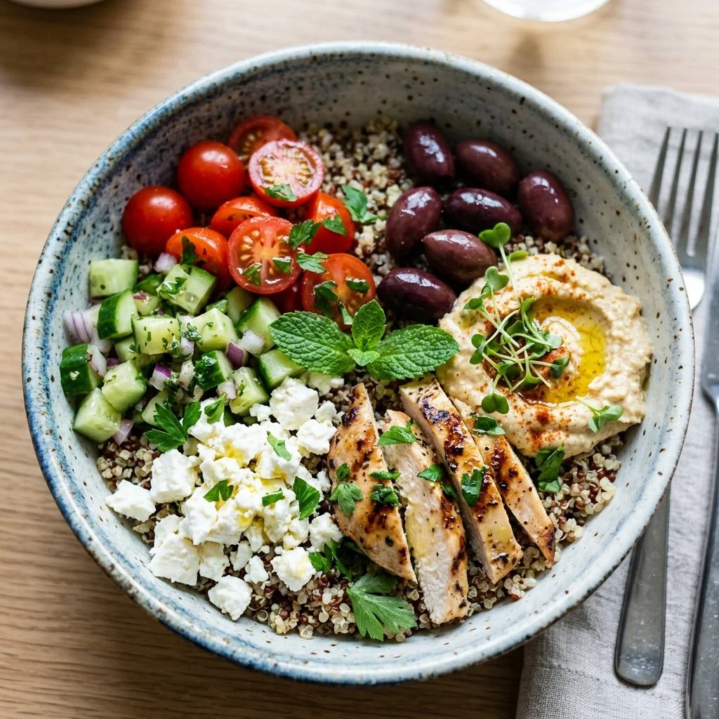 Colorful Mediterranean quinoa bowls with fresh vegetables and toppings