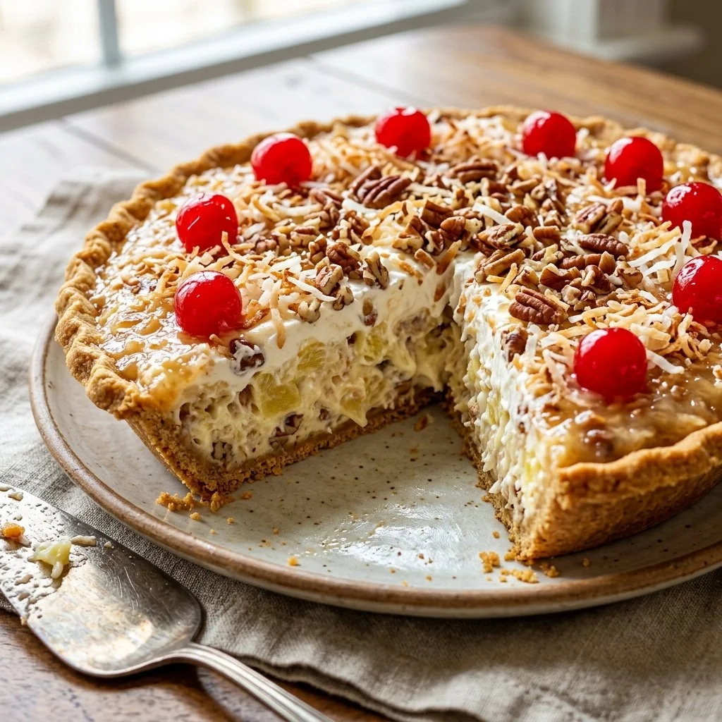 Slice of Million Dollar Pie with whipped cream and cherries on top