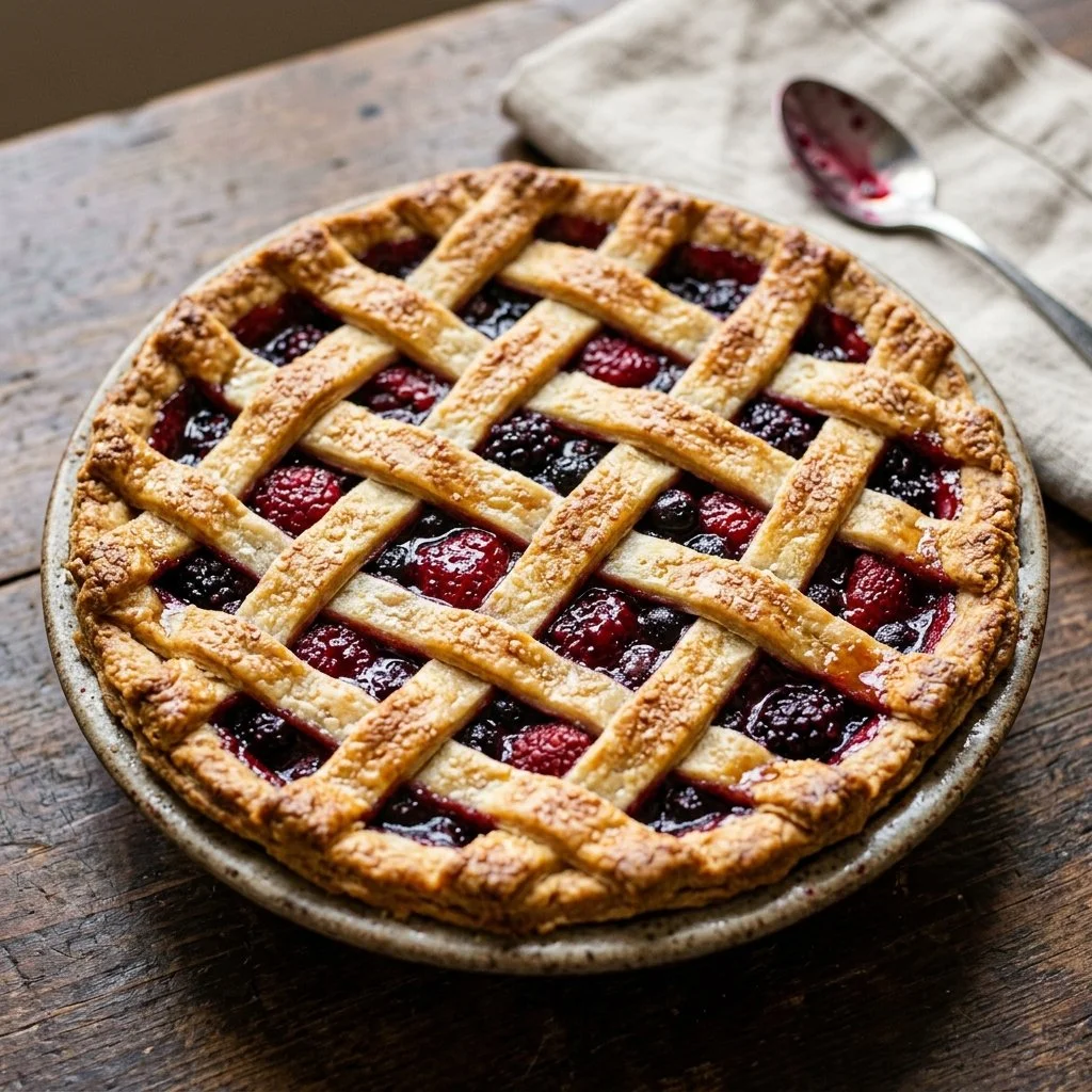 Delicious mixed berry pie adorned with fresh berries and a golden crust