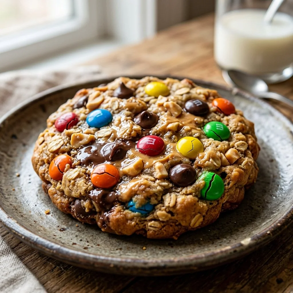 Freshly baked Monster Cookies with chocolate chips and colorful candies