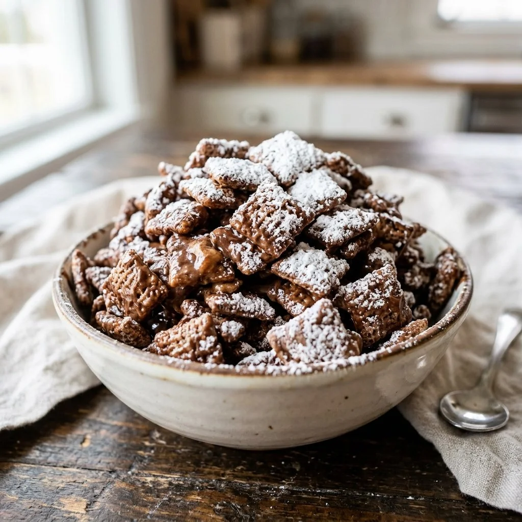 Delicious Muddy Buddies snack mix with chocolate and peanut butter in a bowl.
