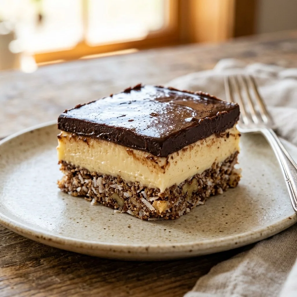 Delicious homemade Nanaimo Bars with layers of chocolate, custard, and coconut.