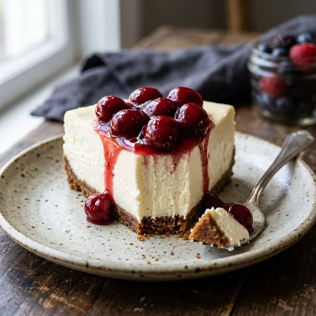 Delicious no bake cheesecake topped with fresh fruits and whipped cream
