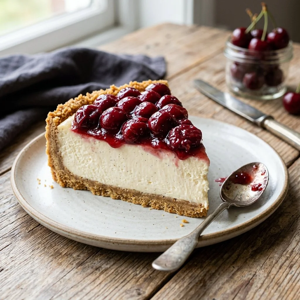 Delicious no bake cheesecake topped with fresh berries on a plate