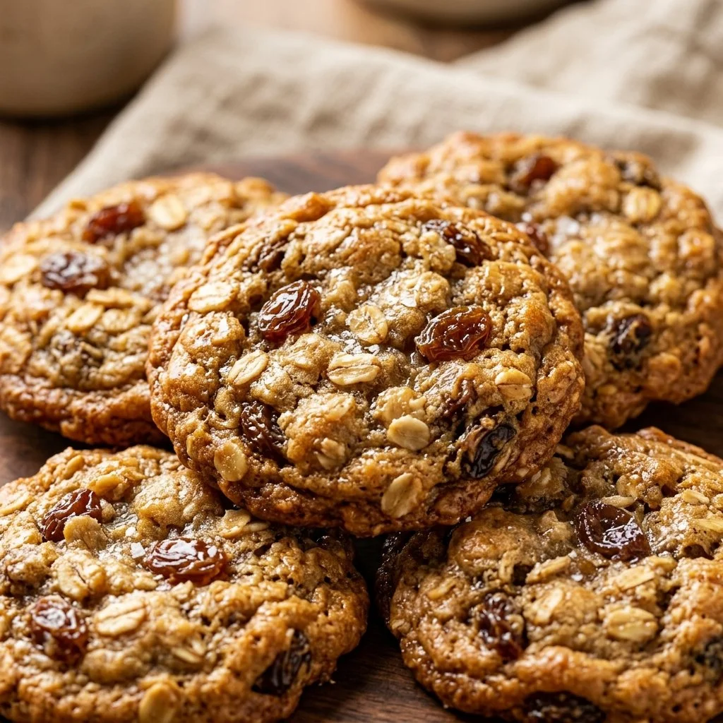 Freshly baked oatmeal raisin cookies on a cooling rack