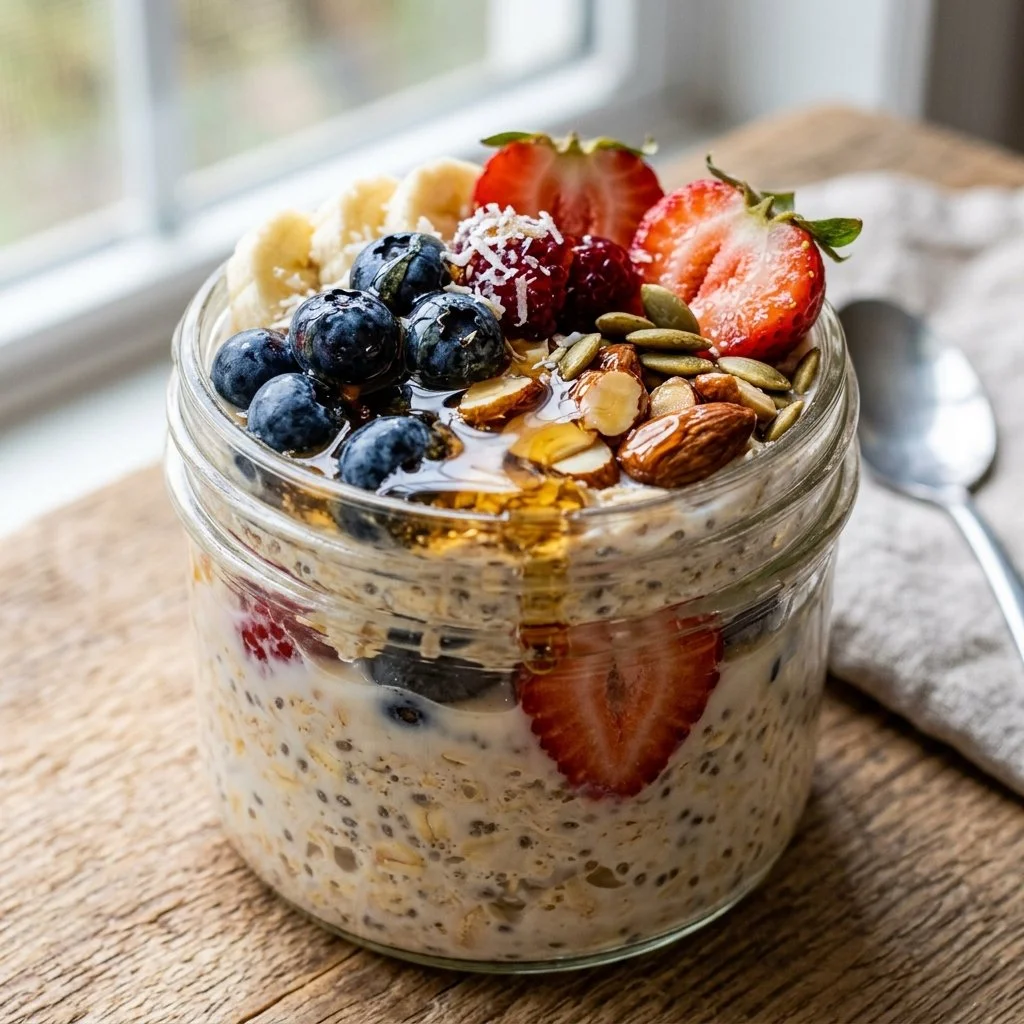 Bowl of overnight oats topped with fresh fruits and nuts