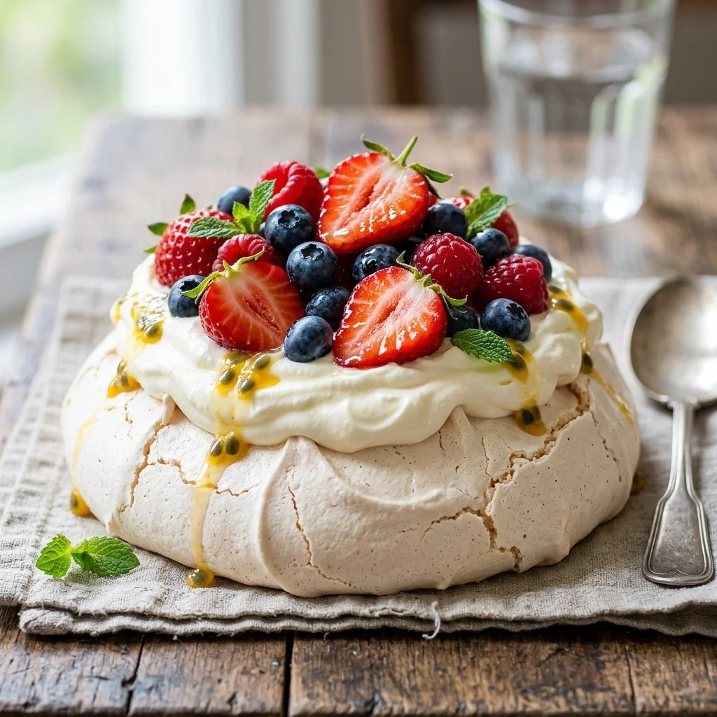 Delicious homemade Pavlova topped with fresh fruits and cream.
