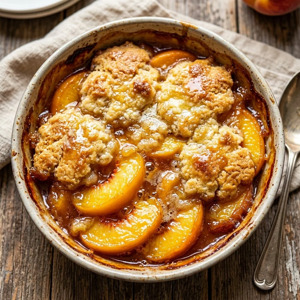 Delicious homemade peach cobbler with golden crust and fresh peaches