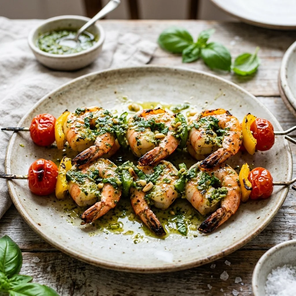 Pesto shrimp skewers garnished with fresh herbs on a grill plate.