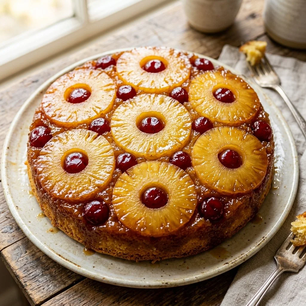 Delicious Pineapple Upside Down Cake with caramelized pineapple topping
