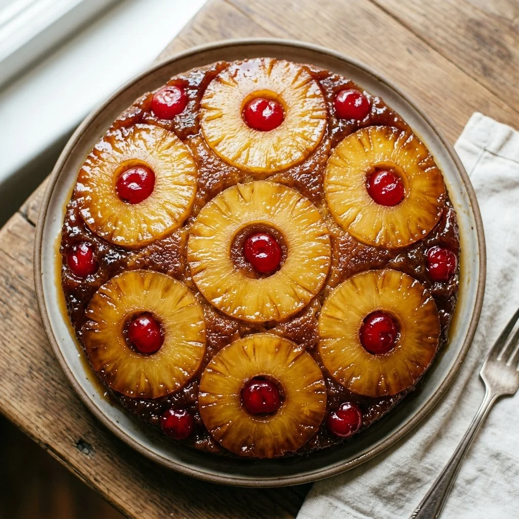 Delicious Pineapple Upside Down Cake topped with caramelized pineapples and cherries.