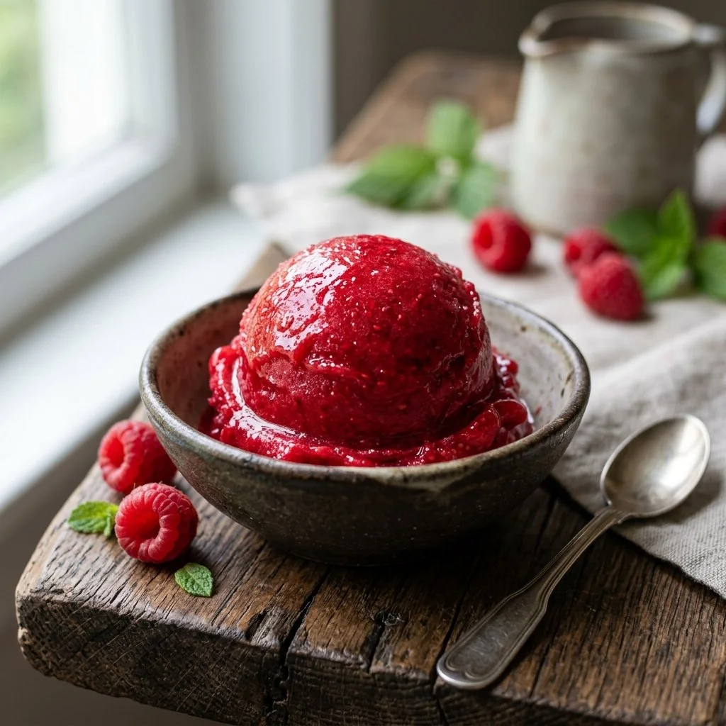 Bowl of homemade Raspberry Sorbet garnished with fresh raspberries