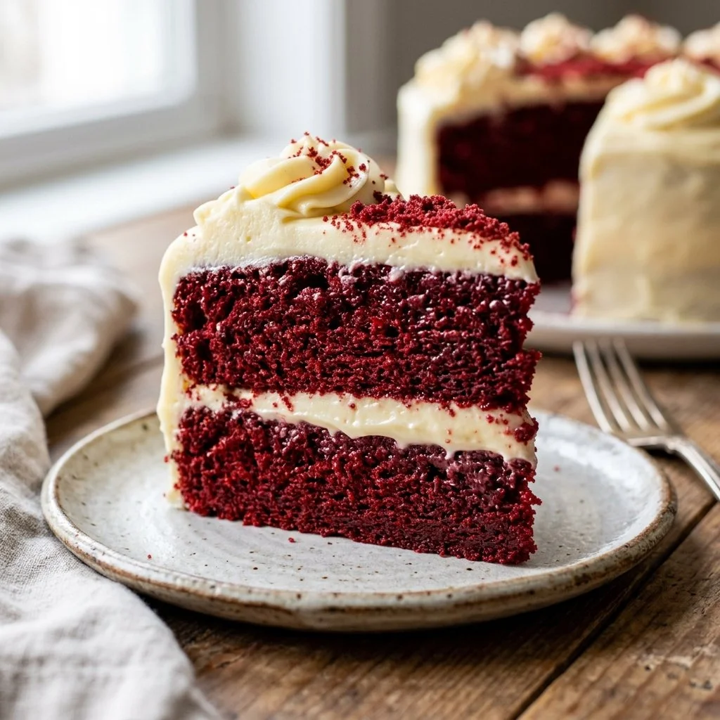 Deliciously layered Red Velvet Cake with cream cheese frosting and red sponge