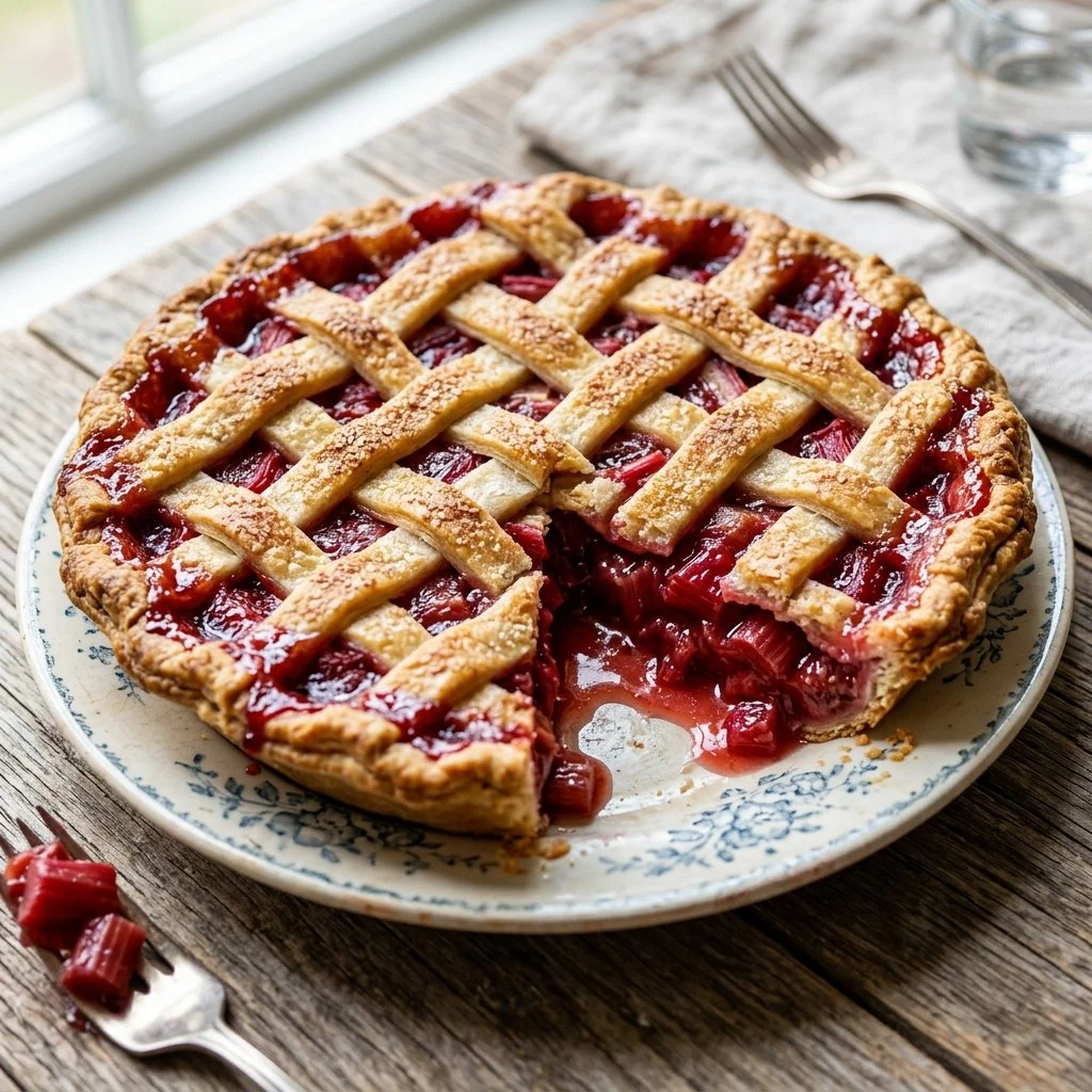 A delicious slice of homemade rhubarb pie topped with a flaky crust.
