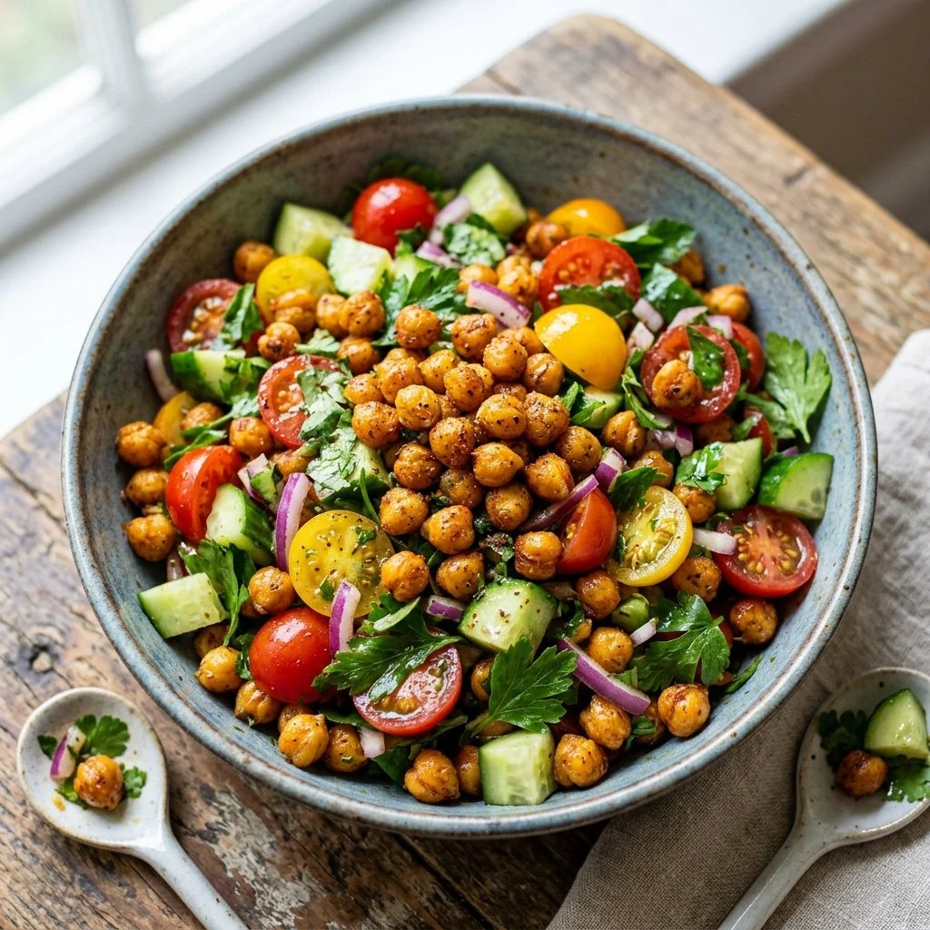Delicious roasted chickpea salad with fresh vegetables and herbs