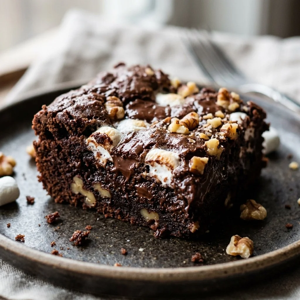 Decadent Rocky Road Brownies with chocolate, marshmallows, and nuts