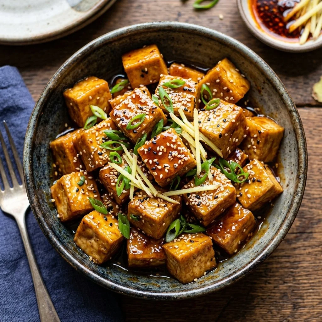 Sesame Ginger Tofu served with vegetables and garnished with sesame seeds