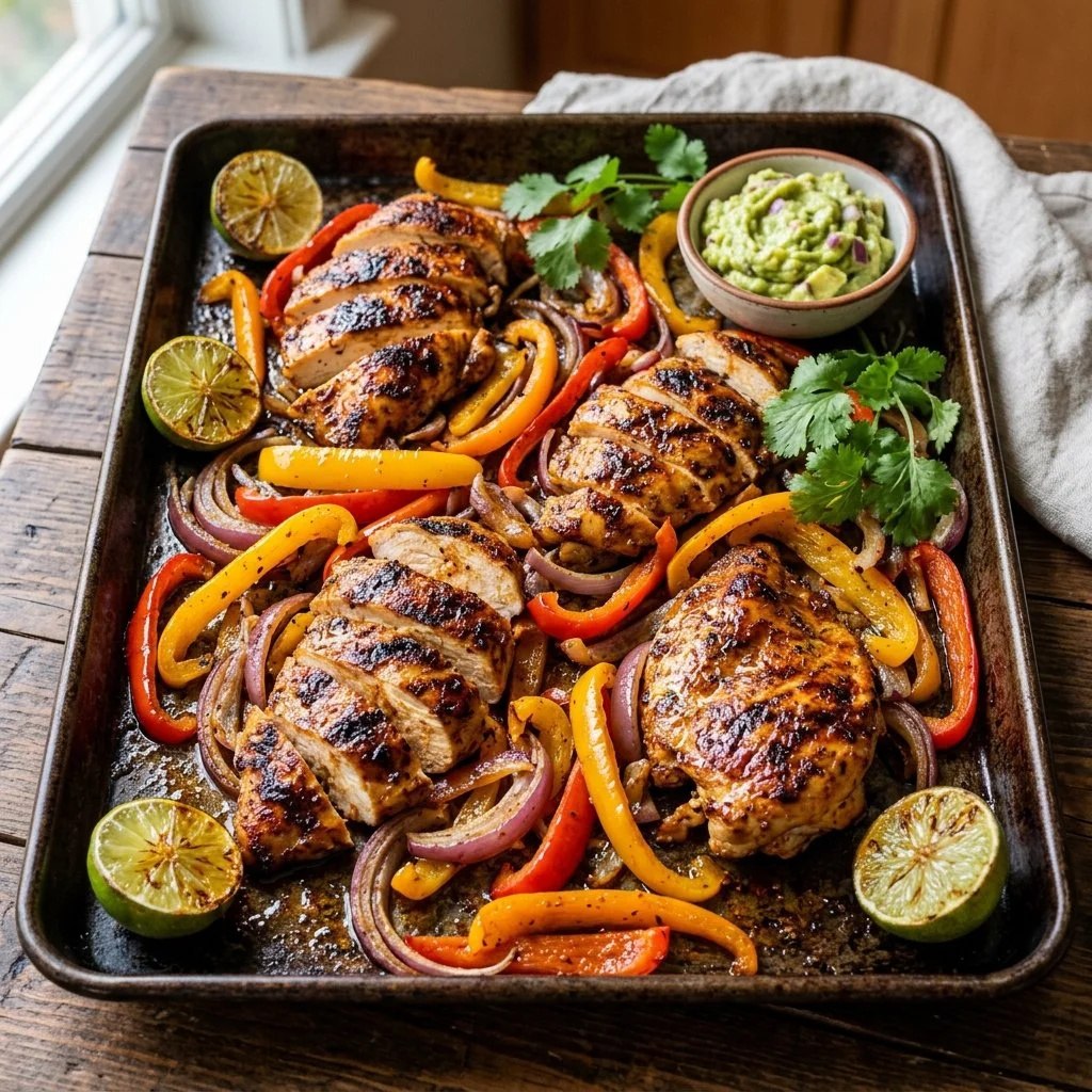 Delicious sheet pan fajitas with colorful peppers and onions