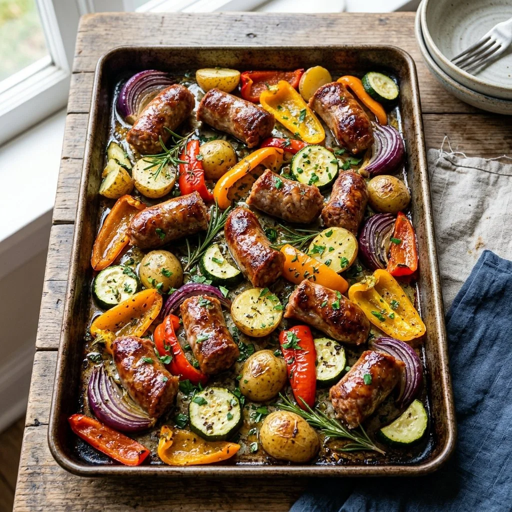 Delicious sheet pan sausage and veggies ready to serve.