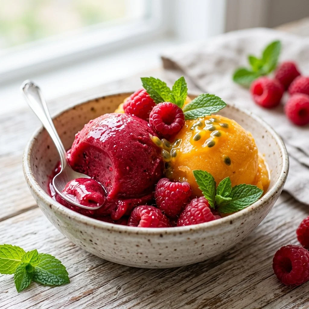 Delicious homemade sorbet in a bowl with fresh fruit garnish