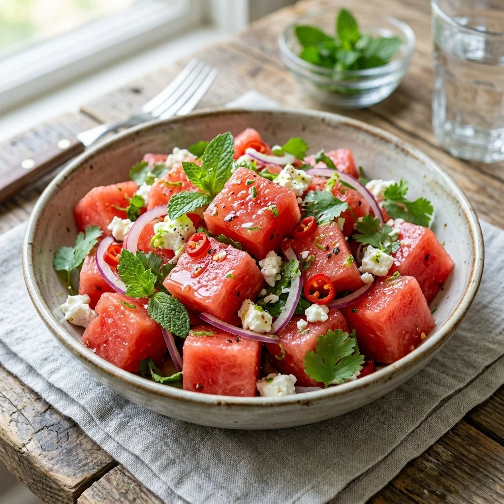 Colorful spicy watermelon salad with fresh herbs and chilies in a bowl.