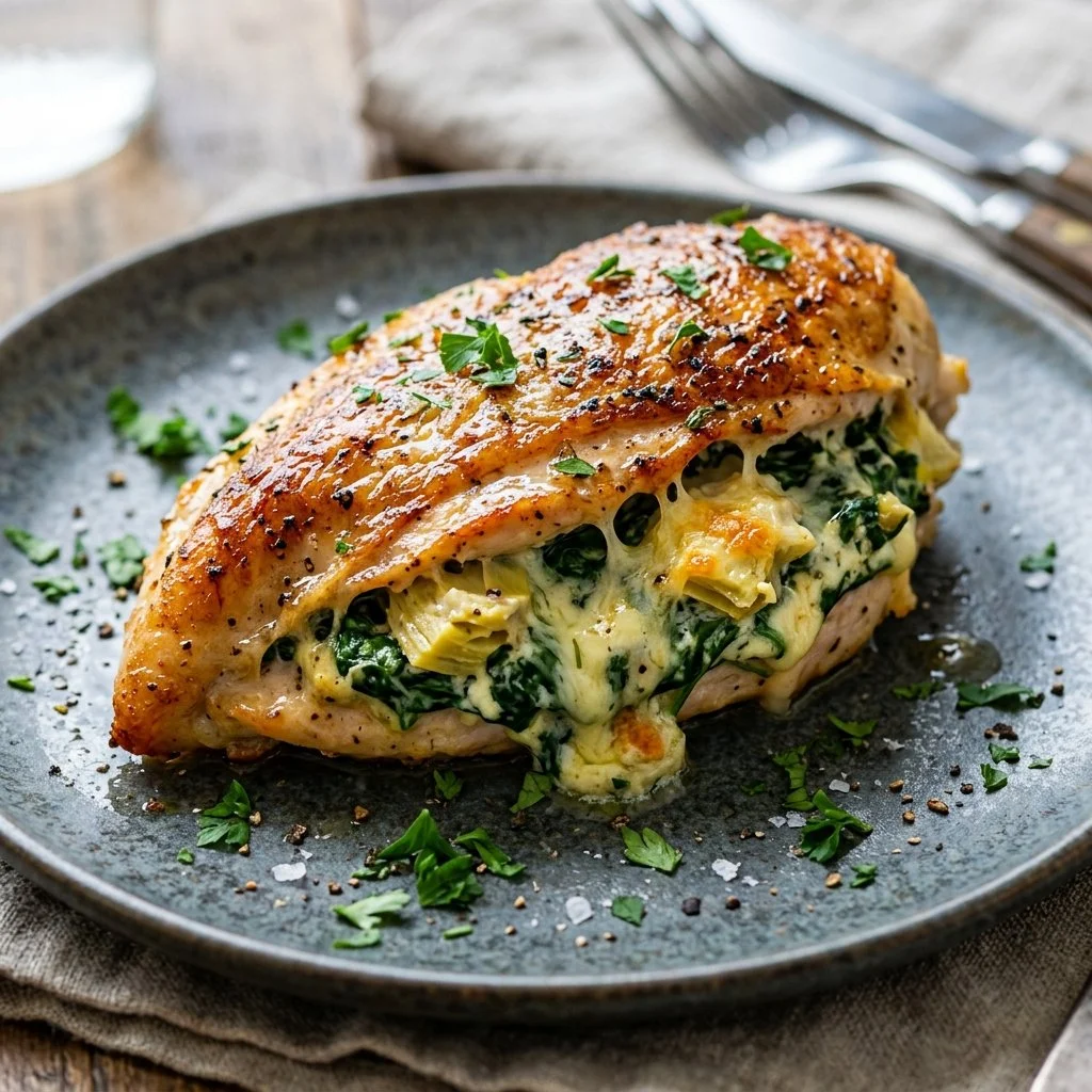 Delicious spinach artichoke stuffed chicken, a perfect dinner recipe.