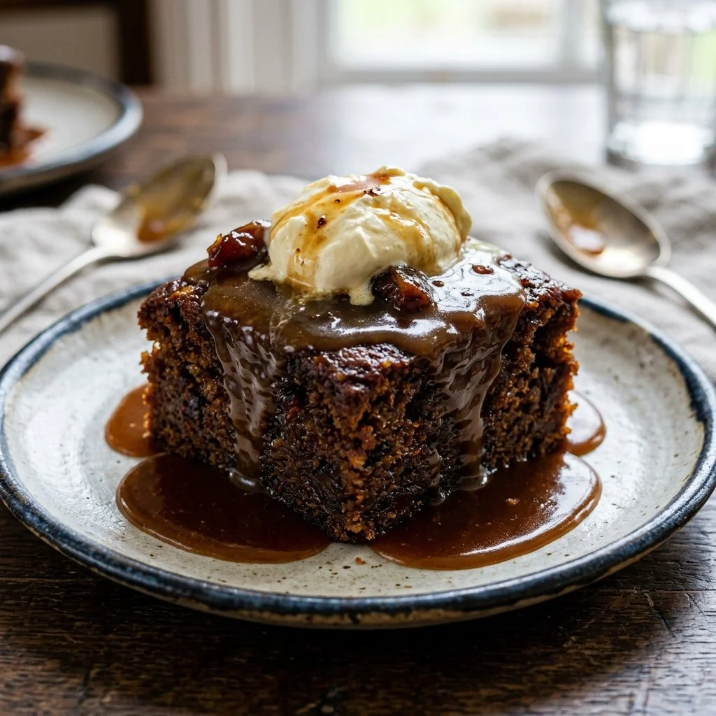 Delicious Sticky Toffee Pudding served with creamy toffee sauce and whipped cream.