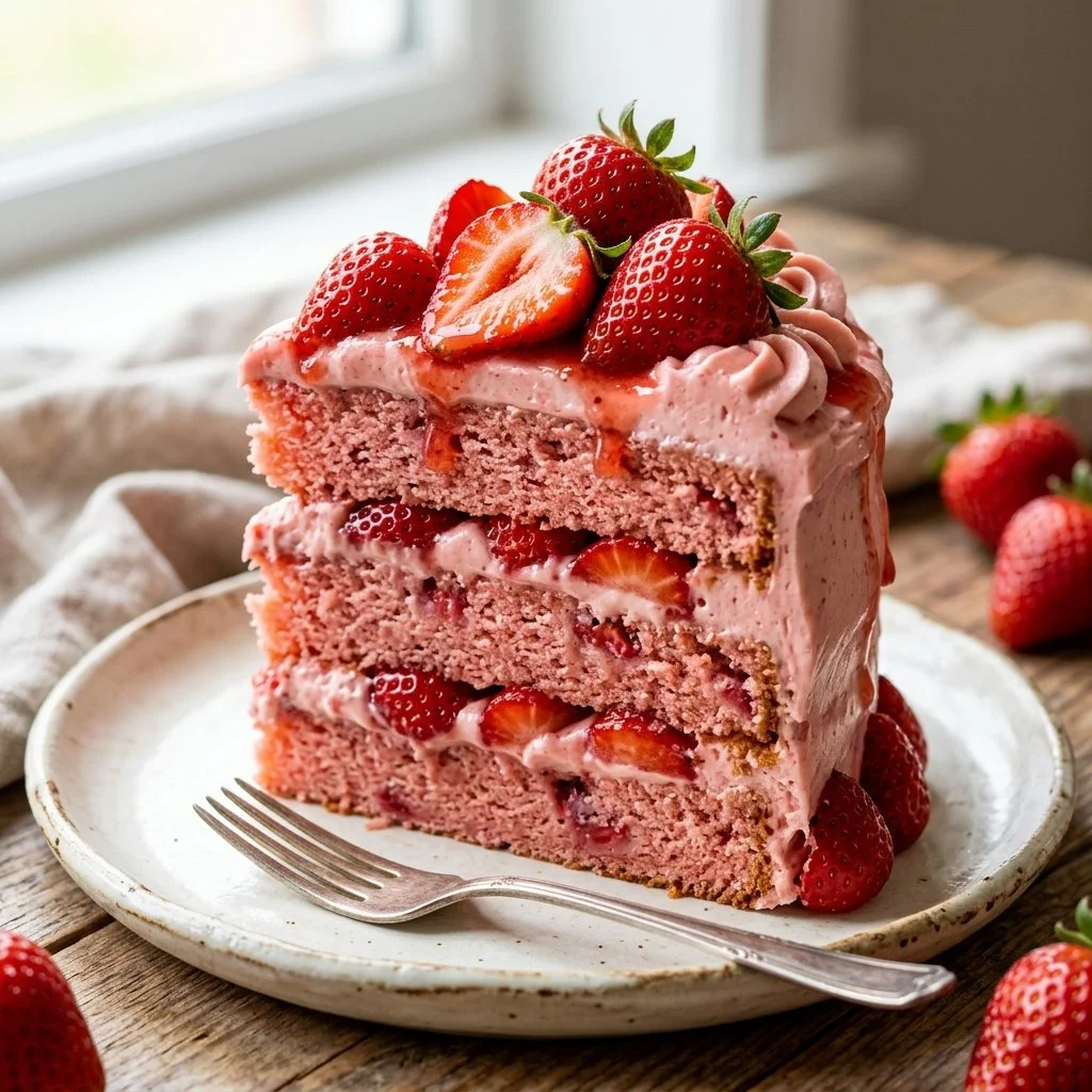 Delicious homemade strawberry cake topped with fresh strawberries and whipped cream