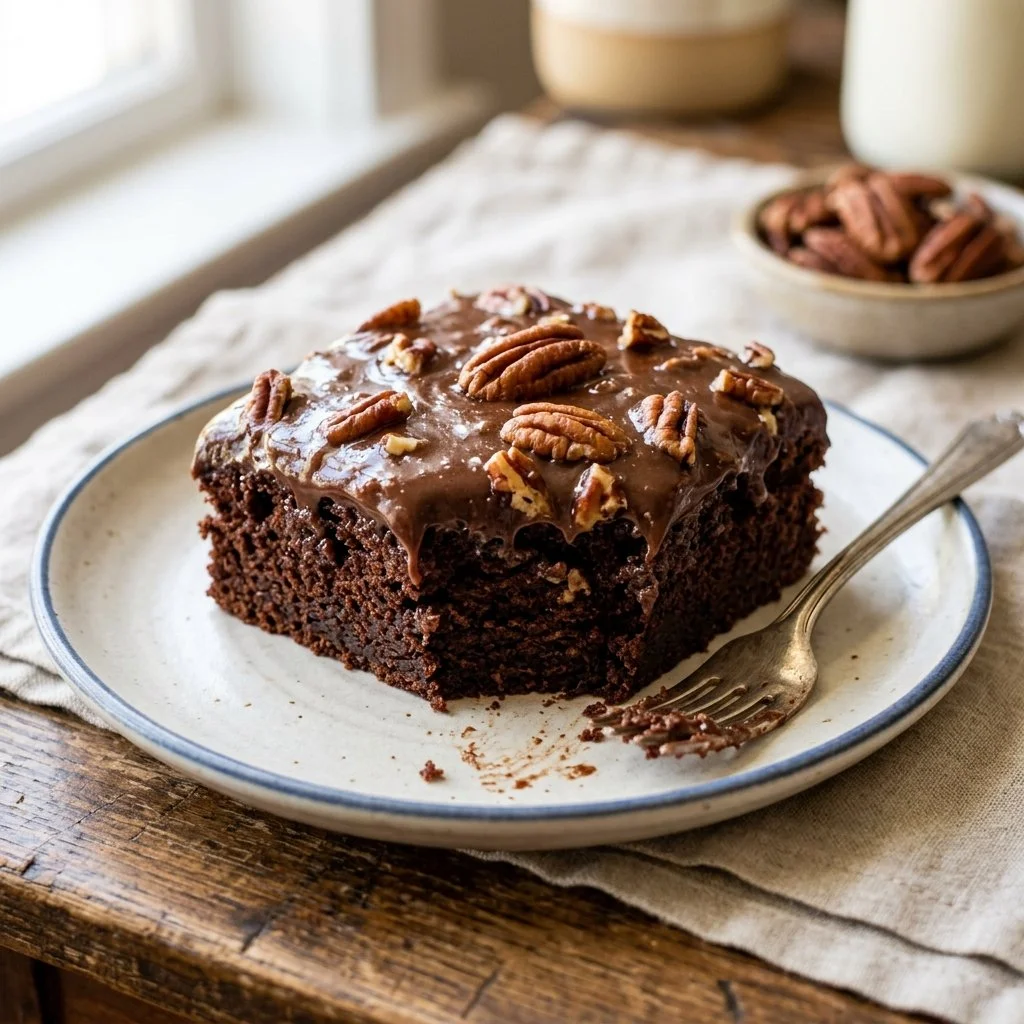 Delicious Texas Sheet Cake with chocolate frosting and nuts