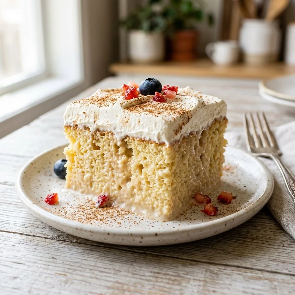 Delicious Tres Leches Cake topped with cream and strawberries on a rustic wooden table