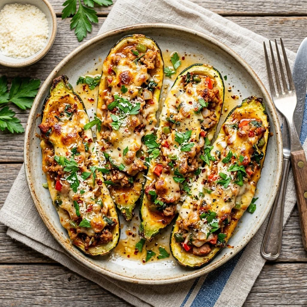 Turkey stuffed zucchini boats topped with cheese and herbs
